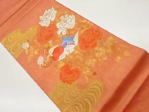 鴛鴦・牡丹に流水模様織出し袋帯